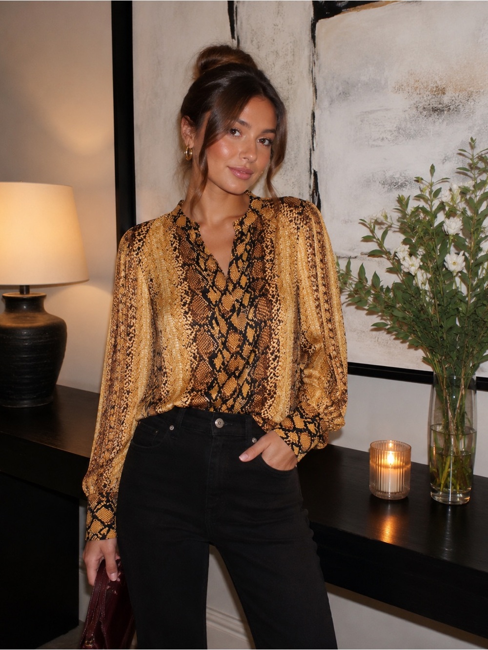 Joie Talin Top Snake Print Yellow Brown Button Down Long Sleeve - Picture 2 of 12